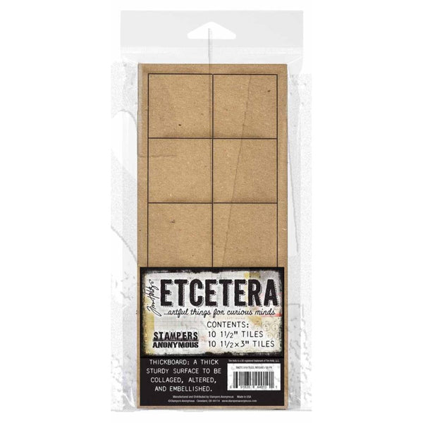 Small Mosaic Tiles - Etcetera by Tim Holtz and Stampers Anonymous (THETC019) ... Sturdy thickboard substrate for dimensional creativity - 10 (ten) small squares (1 1/2" x 1 1/2") and 10 (ten) small rectangles (1 1/2"x3"), plus 3 (three) outer frames, each 3mm thick.  Create marvellous dimensional makes like frames, boxes, trays, tiled backgrounds, and other visual arts projects. Use these artboards to create just about any off-the-page project you can imagine! 