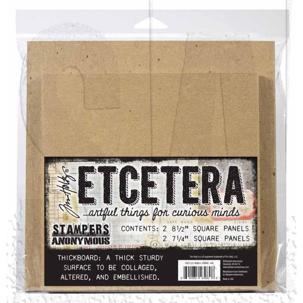 Square Panels - Etcetera by Tim Holtz and Stampers Anonymous (THETC021) ... Sturdy thickboard substrate for dimensional creativity - 4 (four) large squares, 2 (two) of each size, 7 1/4" x 7 1/4" and 8 1/2" x 8 1/2", each 3mm thick.  Create marvellous dimensional makes like frames, boxes, trays, tiled backgrounds, and other visual arts projects. Use these artboards to create just about any off-the-page project you can imagine! 