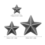 Sizes and closeup of Stars ... by Tim Holtz Idea-Ology - 3D (3 dimensional) 5-pointed stars made of matte metal in a pewter or silver colouring. Flat backed for easy attachment for all kinds of creativity. 27 (twenty seven) stars in 3 different sizes, 5/16" (7-8mm) wide, 1/2" (12mm) wide, and 3/4" (19mm) wide. Tim Holtz 3D Stars are cast in an antique silver coloured metal, ideal for mixed media, scrapbooking, seasonal projects, display boxes, frames, dioramas, home decor. TH93562