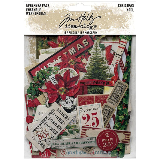 Christmas Ephemera ... by Tim Holtz Idea-Ology - A festive selection of vintage illustrations of trees, labels, poinsettia, holly, book covers, tickets, wreaths, bows and more, printed on lightweight matte paper, with each die cut with precision around each piece. Perfect for party decor, papercrafts, mixed media, cardmaking, assemblage projects, scrapbooking, journaling and visual arts. 167 pieces, assorted sizes and designs. TH94492
