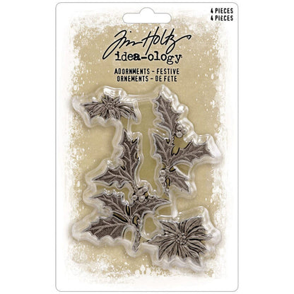 Festive Holly and Poinsettia ... Idea-Ology Metal Adornments by Tim Holtz. Beautifully detailed bright silver coloured metal pieces to use as embellishments for making art, mixed media, display makes, home decor, tags and cards, journal pages, book covers, scrapbooking, all kinds of visual creative arts. 4 (four) pieces, 1 of each design. TH94487. Photo of the pack.