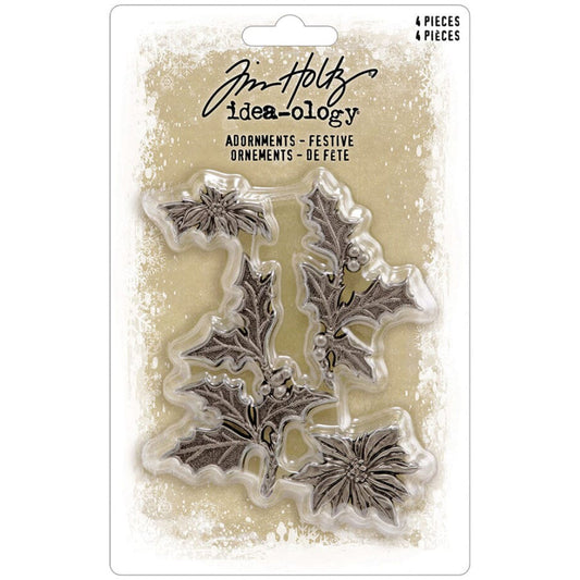 Festive Holly and Poinsettia ... Idea-Ology Metal Adornments by Tim Holtz. Beautifully detailed bright silver coloured metal pieces to use as embellishments for making art, mixed media, display makes, home decor, tags and cards, journal pages, book covers, scrapbooking, all kinds of visual creative arts. 4 (four) pieces, 1 of each design. TH94487. Photo of the pack.