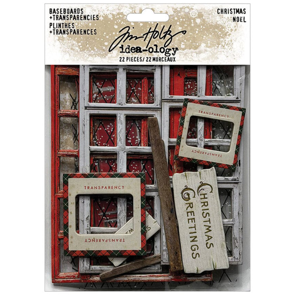 Christmas Baseboards and Transparencies ... by Tim Holtz Idea-Ology - A festive selection of vintage doors and windows, signs, frames made of printed 2mm thick compressed paper and clear transparency faux glass with printed leadlight and falling snow. Perfect for party decor, papercrafts, mixed media, cardmaking, assemblage projects, scrapbooking, journaling and visual arts. 22 (twenty two) pieces. TH94490. Photo of the pack.