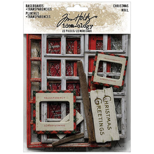 Christmas Baseboards and Transparencies ... by Tim Holtz Idea-Ology - A festive selection of vintage doors and windows, signs, frames made of printed 2mm thick compressed paper and clear transparency faux glass with printed leadlight and falling snow. Perfect for party decor, papercrafts, mixed media, cardmaking, assemblage projects, scrapbooking, journaling and visual arts. 22 (twenty two) pieces. TH94490. Photo of the pack.