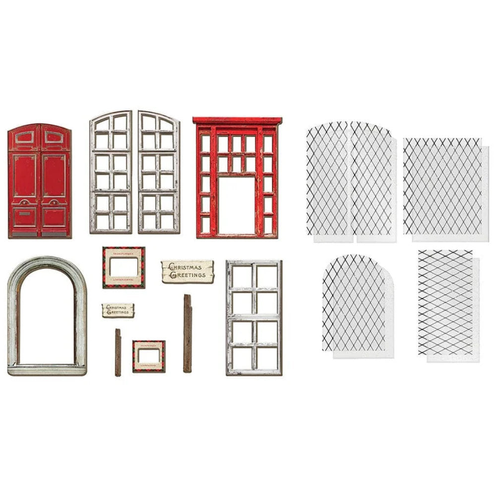 Christmas Baseboards and Transparencies ... by Tim Holtz Idea-Ology - A festive selection of vintage doors and windows, signs, frames made of printed 2mm thick compressed paper and clear transparency faux glass with printed leadlight and falling snow. Perfect for party decor, papercrafts, mixed media, cardmaking, assemblage projects, scrapbooking, journaling and visual arts. 22 (twenty two) pieces. TH94490. Photo of the items.