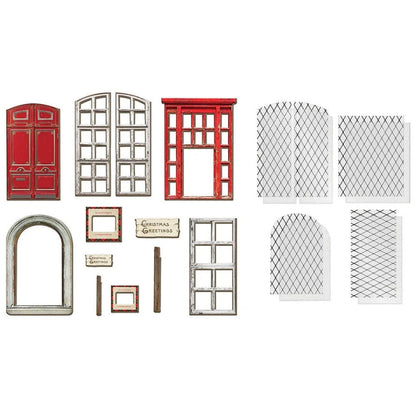 Christmas Baseboards and Transparencies ... by Tim Holtz Idea-Ology - A festive selection of vintage doors and windows, signs, frames made of printed 2mm thick compressed paper and clear transparency faux glass with printed leadlight and falling snow. Perfect for party decor, papercrafts, mixed media, cardmaking, assemblage projects, scrapbooking, journaling and visual arts. 22 (twenty two) pieces. TH94490. Photo of the items.
