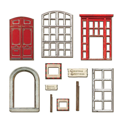Christmas Baseboards and Transparencies ... by Tim Holtz Idea-Ology - A festive selection of vintage doors and windows, signs, frames made of printed 2mm thick compressed paper and clear transparency faux glass with printed leadlight and falling snow. Perfect for party decor, papercrafts, mixed media, cardmaking, assemblage projects, scrapbooking, journaling and visual arts. 22 (twenty two) pieces. TH94490. Photo of the bookboard pieces.