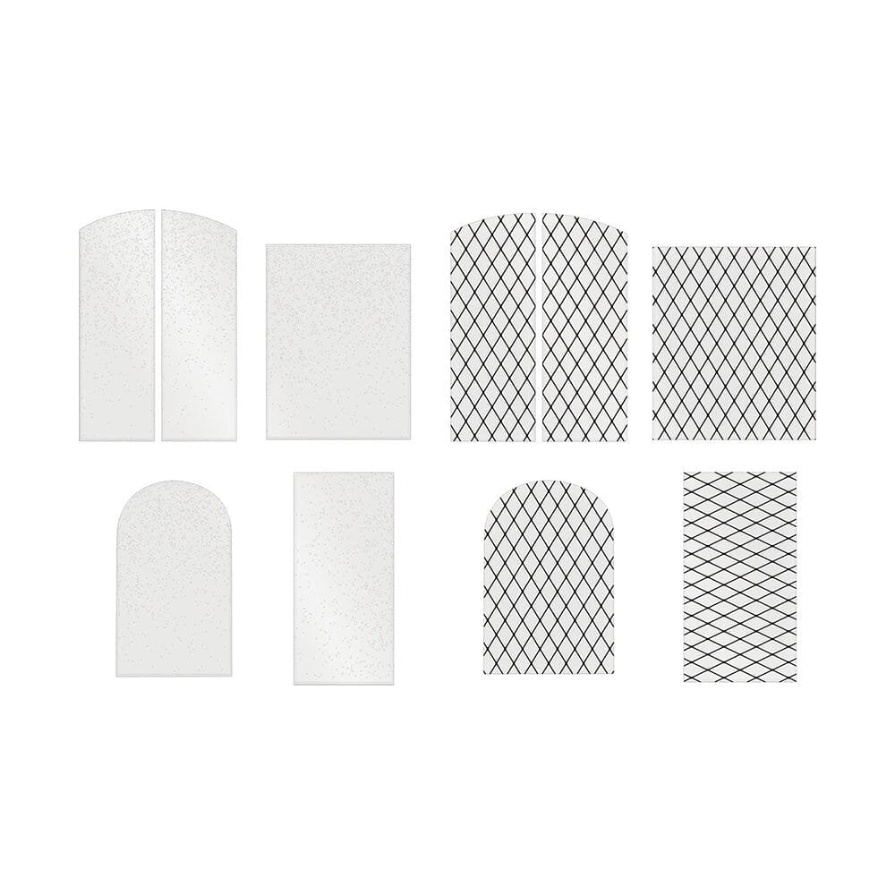 Christmas Baseboards and Transparencies ... by Tim Holtz Idea-Ology - A festive selection of vintage doors and windows, signs, frames made of printed 2mm thick compressed paper and clear transparency faux glass with printed leadlight and falling snow. Perfect for party decor, papercrafts, mixed media, cardmaking, assemblage projects, scrapbooking, journaling and visual arts. 22 (twenty two) pieces. TH94490. Photo of the transparency sheets.