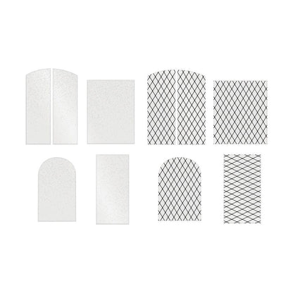 Christmas Baseboards and Transparencies ... by Tim Holtz Idea-Ology - A festive selection of vintage doors and windows, signs, frames made of printed 2mm thick compressed paper and clear transparency faux glass with printed leadlight and falling snow. Perfect for party decor, papercrafts, mixed media, cardmaking, assemblage projects, scrapbooking, journaling and visual arts. 22 (twenty two) pieces. TH94490. Photo of the transparency sheets.