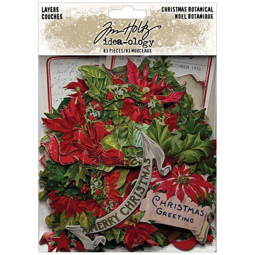 Botanical, Die Cut Christmas Layers ... by Tim Holtz Idea-Ology - A beautiful selection of vintage illustrations of flowers, holly, trees, poinsettia, mistletoe, labels and more, printed on medium weight paper with a satin finish, with each die cut with precision around each piece. Perfect for party decor, papercrafts, mixed media, cardmaking, assemblage projects, scrapbooking, journaling and visual arts. 83 pieces, assorted sizes and designs. TH94495