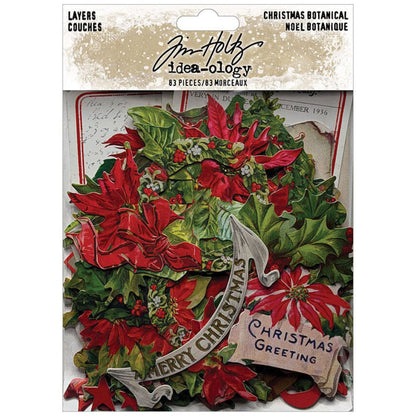 Botanical, Die Cut Christmas Layers ... by Tim Holtz Idea-Ology - A beautiful selection of vintage illustrations of flowers, holly, trees, poinsettia, mistletoe, labels and more, printed on medium weight paper with a satin finish, with each die cut with precision around each piece. Perfect for party decor, papercrafts, mixed media, cardmaking, assemblage projects, scrapbooking, journaling and visual arts. 83 pieces, assorted sizes and designs. TH94495