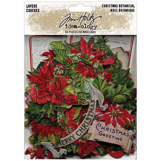 Botanical, Die Cut Christmas Layers ... by Tim Holtz Idea-Ology - A beautiful selection of vintage illustrations of flowers, holly, trees, poinsettia, mistletoe, labels and more, printed on medium weight paper with a satin finish, with each die cut with precision around each piece. Perfect for party decor, papercrafts, mixed media, cardmaking, assemblage projects, scrapbooking, journaling and visual arts. 83 pieces, assorted sizes and designs. TH94495