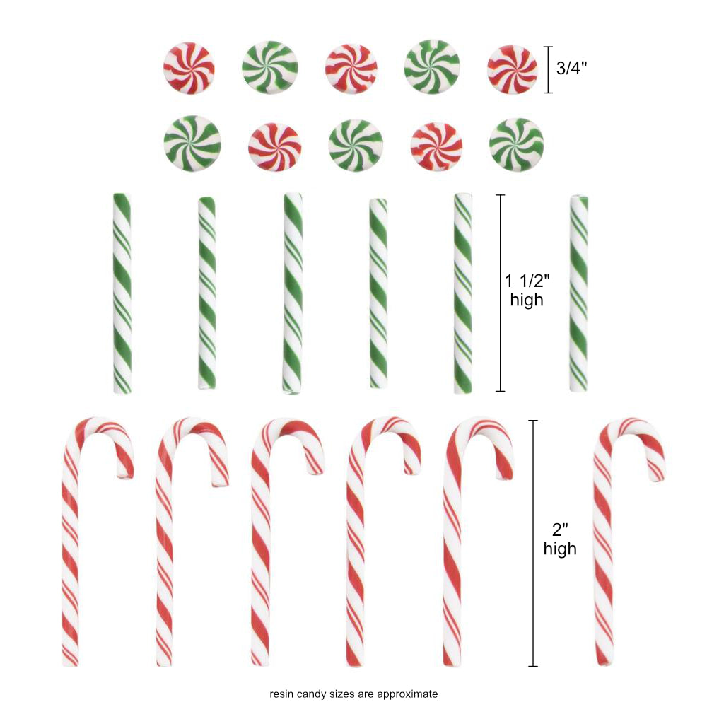 Christmas Confections - Candy Canes, Twirls and Sticks - by Tim Holtz Idea-Ology ... miniature resin sweeties used for decoration, assemblage or party decor. 22 (twentytwo) pieces (6 canes, 6 sticks, 10 round twirls).

This packet contains 20 faux sweets in the style and shape of traditional candycanes, spearmint sticks and humbug twirls in red, white and green ... but they are not edible! Do not eat! Decoration only :)