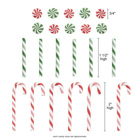 Christmas Confections - Candy Canes, Twirls and Sticks - by Tim Holtz Idea-Ology ... miniature resin sweeties used for decoration, assemblage or party decor. 22 (twentytwo) pieces (6 canes, 6 sticks, 10 round twirls).

This packet contains 20 faux sweets in the style and shape of traditional candycanes, spearmint sticks and humbug twirls in red, white and green ... but they are not edible! Do not eat! Decoration only :)