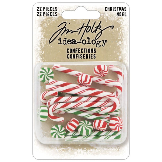 Christmas Confections - Candy Canes, Twirls and Sticks - by Tim Holtz Idea-Ology ... miniature resin sweeties used for decoration, assemblage or party decor. 22 (twentytwo) pieces (6 canes, 6 sticks, 10 round twirls).

This packet contains 20 faux sweets in the style and shape of traditional candycanes, spearmint sticks and humbug twirls in red, white and green ... but they are not edible! Do not eat! Decoration only :) TH94351