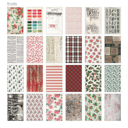 Backdrops, Christmas 2026 - Idea-Ology by Tim Holtz ... a wonderful collection of beautiful vintage designs inspired by all things festive and celebrated during December including poinsettia, palette backgrounds, holly and more.  24 printed sheets of double sided cardstock with a smooth finish. Sheet size is 6"x10". TH94488 . Image of 24 designs
