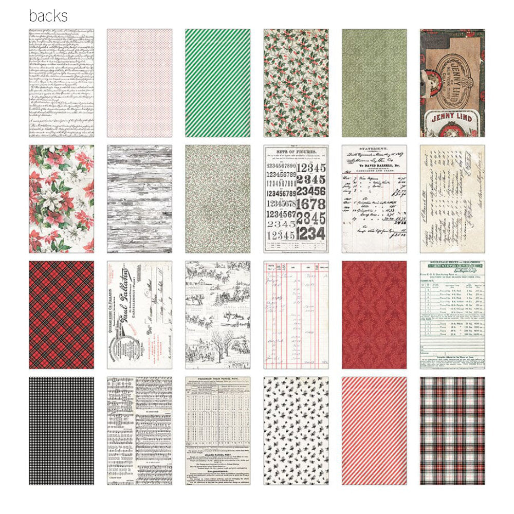 Backdrops, Christmas 2026 - Idea-Ology by Tim Holtz ... a wonderful collection of beautiful vintage designs inspired by all things festive and celebrated during December including poinsettia, palette backgrounds, holly and more.  24 printed sheets of double sided cardstock with a smooth finish. Sheet size is 6"x10". TH94488 . Image of 24 designs