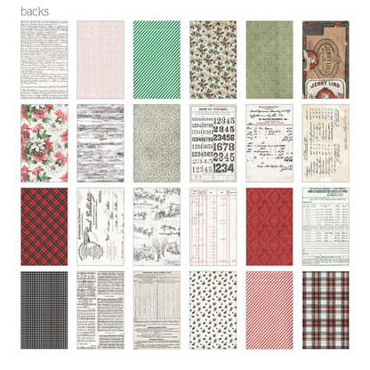 Backdrops, Christmas 2026 - Idea-Ology by Tim Holtz ... a wonderful collection of beautiful vintage designs inspired by all things festive and celebrated during December including poinsettia, palette backgrounds, holly and more.  24 printed sheets of double sided cardstock with a smooth finish. Sheet size is 6"x10". TH94488 . Image of 24 designs
