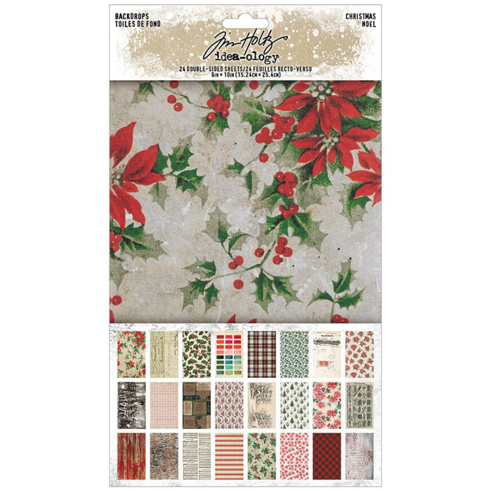 Backdrops, Christmas 2026 - Idea-Ology by Tim Holtz ... a wonderful collection of beautiful vintage designs inspired by all things festive and celebrated during December including poinsettia, palette backgrounds, holly and more.  24 printed sheets of double sided cardstock with a smooth finish. Sheet size is 6"x10". TH94488