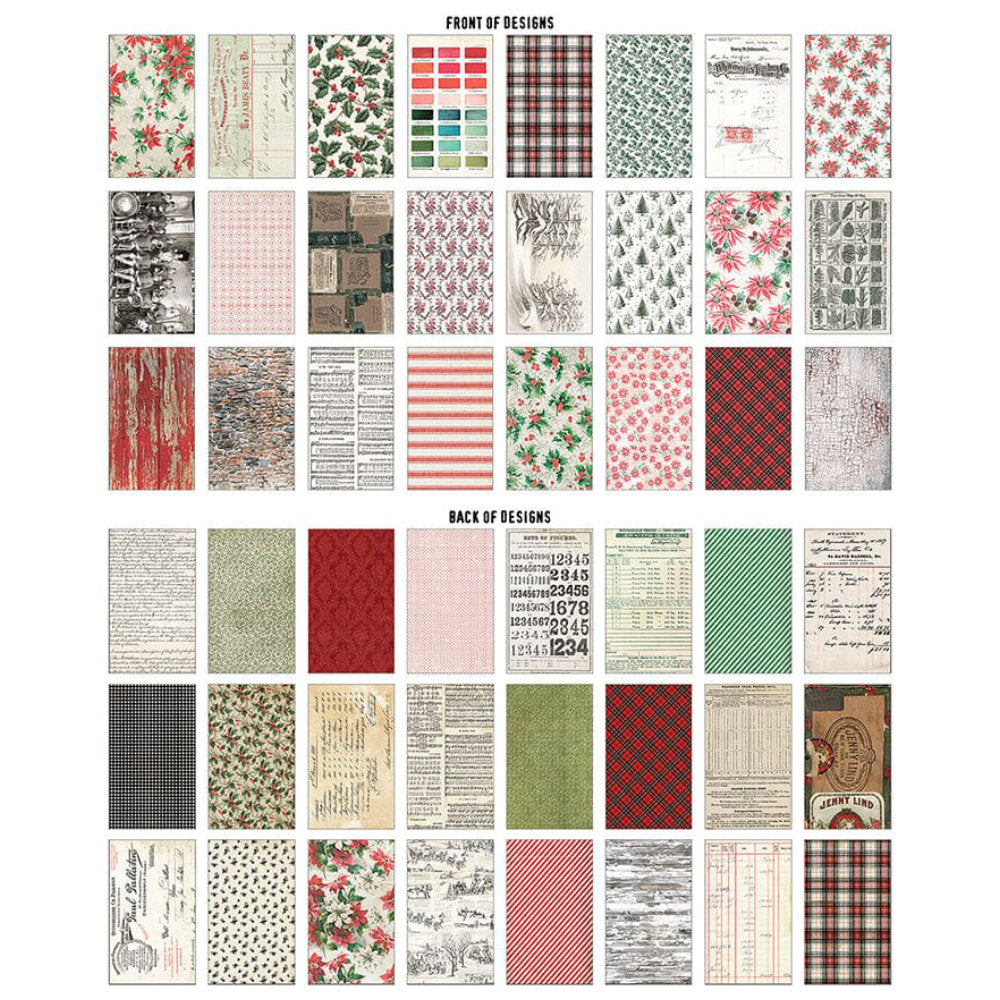 Backdrops, Christmas 2026 - Idea-Ology by Tim Holtz ... a wonderful collection of beautiful vintage designs inspired by all things festive and celebrated during December including poinsettia, palette backgrounds, holly and more.  24 printed sheets of double sided cardstock with a smooth finish. Sheet size is 6"x10". TH94488 . Image of 24 designs