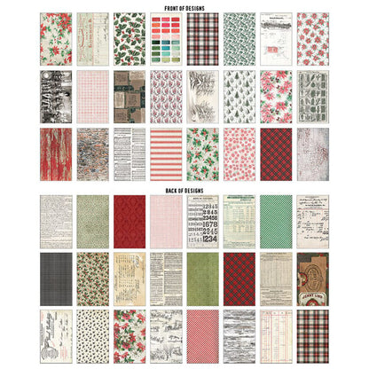 Backdrops, Christmas 2026 - Idea-Ology by Tim Holtz ... a wonderful collection of beautiful vintage designs inspired by all things festive and celebrated during December including poinsettia, palette backgrounds, holly and more.  24 printed sheets of double sided cardstock with a smooth finish. Sheet size is 6"x10". TH94488 . Image of 24 designs