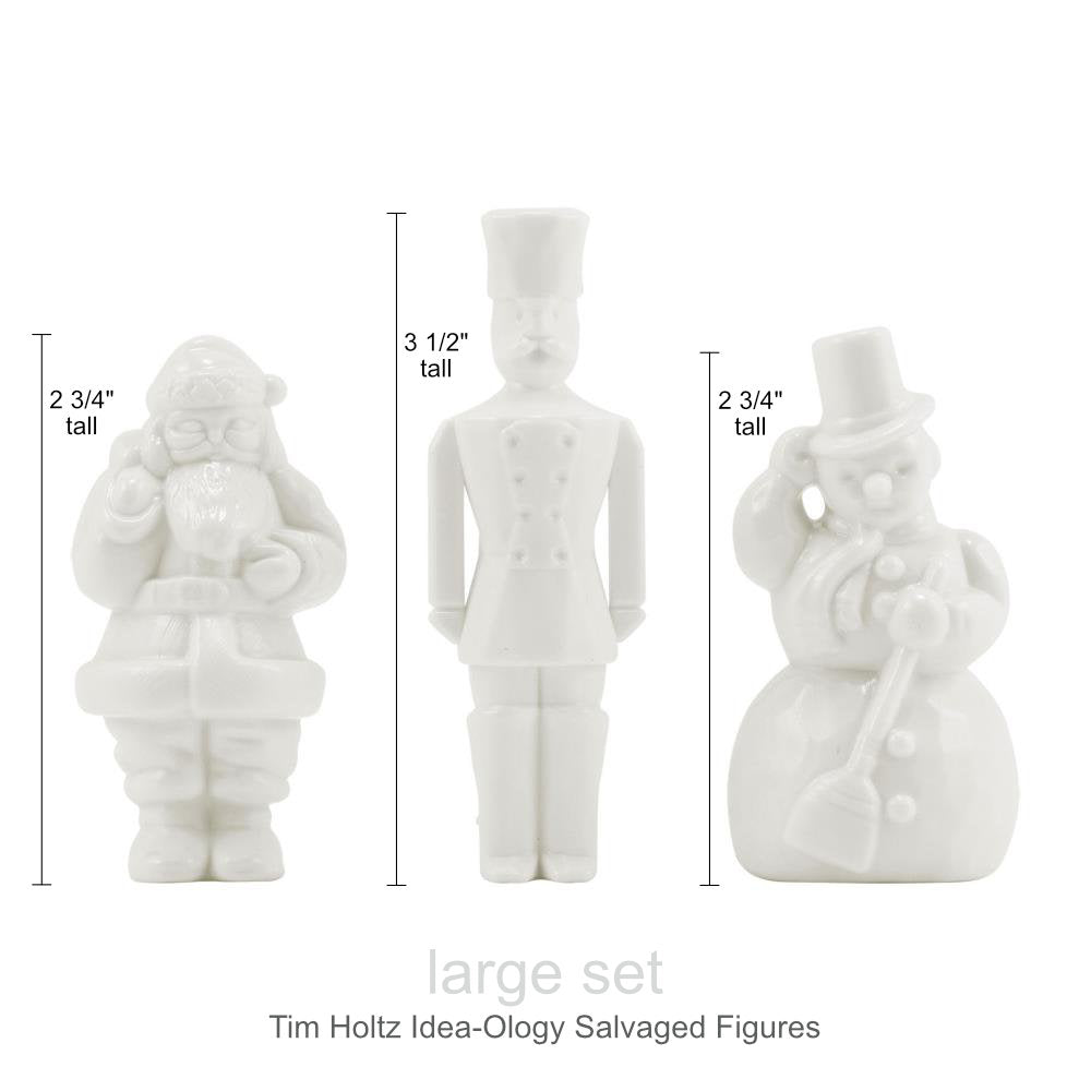 Salvaged Figures - Large - Santa Claus, Toy Soldier and Snowman ... Idea-Ology Resin Models by Tim Holtz ... 3 miniature characters made of white resin, 1 of each, Santa stands 2 3/4" tall, soldier is 3 1/2" tall, snowman is 2 3/4" tall. Each as a flat base to enable them to stand level, with intricately moulded details. Alter with Distress paints, alcohol inks, solvent markers or apply gesso for waterbased mediums. 