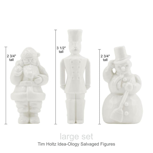Salvaged Figures - Large - Santa Claus, Toy Soldier and Snowman ... Idea-Ology Resin Models by Tim Holtz ... 3 miniature characters made of white resin, 1 of each, Santa stands 2 3/4" tall, soldier is 3 1/2" tall, snowman is 2 3/4" tall. Each as a flat base to enable them to stand level, with intricately moulded details. Alter with Distress paints, alcohol inks, solvent markers or apply gesso for waterbased mediums. 