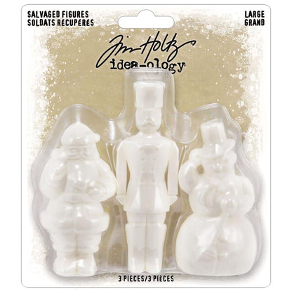 Salvaged Figures - Large - Santa Claus, Toy Soldier and Snowman ... Idea-Ology Resin Models by Tim Holtz ... 3 miniature characters made of white resin, 1 of each, Santa stands 2 3/4" tall, soldier is 3 1/2" tall, snowman is 2 3/4" tall. Each as a flat base to enable them to stand level, with intricately moulded details. Alter with Distress paints, alcohol inks, solvent markers or apply gesso for waterbased mediums. 