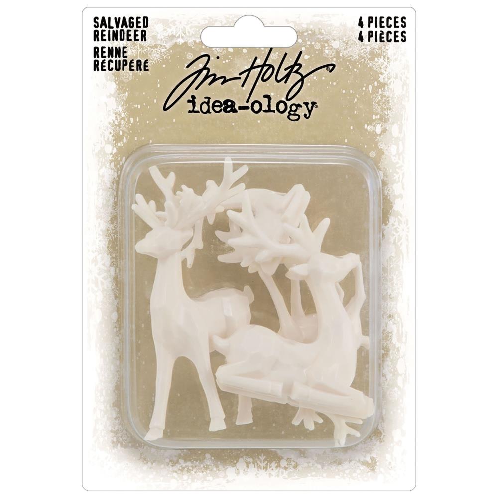 Salvaged Reindeer - Sitting and Standing Deer, Stags ... Idea-Ology Resin Models by Tim Holtz ... 4 miniature characters made of white resin. Two sitting deer, two standing deer, one of each style. Sizes from 1 1/4" to 3" high. Add wonderful animal friends to your seasonal makes with this family of 4 (four) reindeer. Each has intricately moulded details which are emphasised when altered with alcohol inks or solvent markers. TH94360