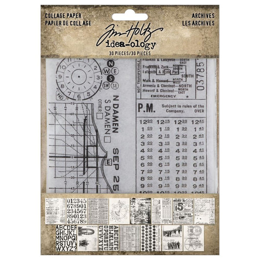 Archives - Collage Paper ... by Tim Holtz Idea-Ology - 30 (thirty) sheets of fine tissue paper with black and white images, perfect for layering with collage, cardmaking, scrapbooking, journaling, mixed media and other papercrafts and visual arts. The designs in this set feature newsprint or typography, numbers (numerals), alphabets, labels, science imagery, scenes with people, collaged backgrounds, and typewriter keys. TH94366