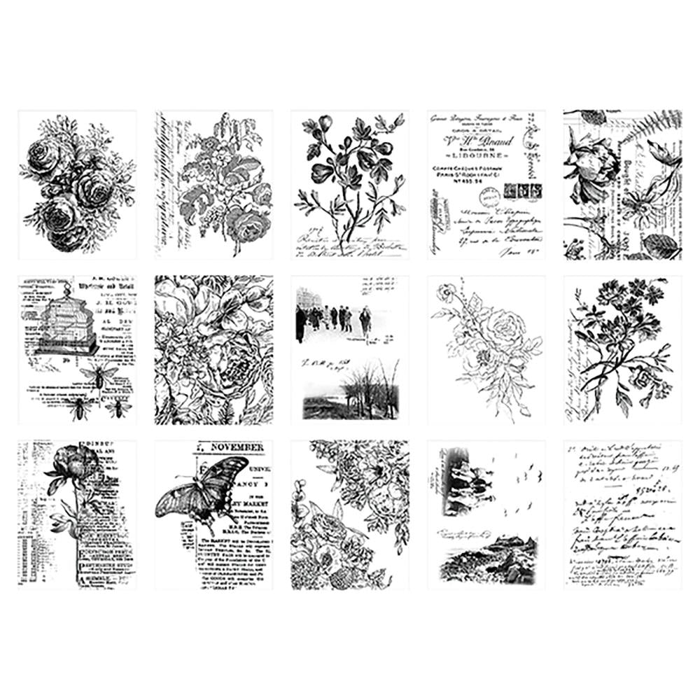 overview of Serendipity - Collage Paper ... by Tim Holtz Idea-Ology - 30 (thirty) sheets of fine tissue paper with black and white images, perfect for layering with collage, cardmaking, scrapbooking, journaling, mixed media and other papercrafts and visual arts.&nbsp;  Tim Holtz Idea-Ology Collage Papers are fantastic for altering books, furniture, display frames, canvas wallart pieces, junk journals, fabric book covers and almost anything else you wish to create with these beautiful designs. TH94365