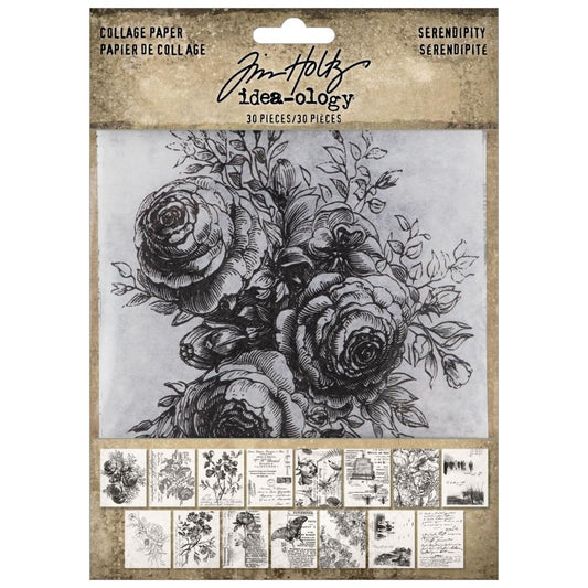 Serendipity - Collage Paper ... by Tim Holtz Idea-Ology - 30 (thirty) sheets of fine tissue paper with black and white images, perfect for layering with collage, cardmaking, scrapbooking, journaling, mixed media and other papercrafts and visual arts.&nbsp;  Tim Holtz Idea-Ology Collage Papers are fantastic for altering books, furniture, display frames, canvas wallart pieces, junk journals, fabric book covers and almost anything else you wish to create with these beautiful designs. TH94365