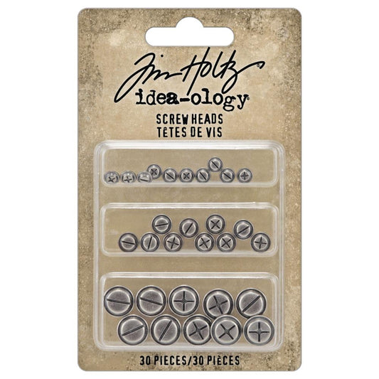 Screw Heads ... Idea-Ology Adornments by Tim Holtz. 30 (thirty) pieces designed to mimic the look of hardware, made of metal to use for mixed media, decorating ornaments, home decor makes and visual arts.&nbsp;  Tim Holtz Idea-Ology Metal Adornments are finished in an antique style pewter colour. Ideal for all kinds of excuses to create - visual arts, sculpture, mixed media canvas, decorating trays, clocks, boxes and frames, bookmaking, junk journaling, scrapbooking. TH94371