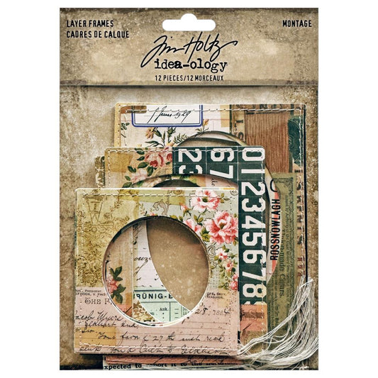 Tim Holtz Idea-Ology Layer Frames in 'Montage' feature vintage colour tones and collaged artwork on rectangle and square frames. Each frame has a cutout, either round, oval or arched, finished off with a simple running stitch around the edge. Use to create unique artwork, making cards, displaying photos, using as collage fodder, memorabilia and adding onto your marvellous makes. Packet of 12 pieces. TH94372