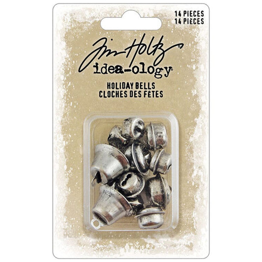 Holiday Bells, Christmas ... Idea-Ology Adornments by Tim Holtz. Beautifully made silver coloured miniature bells and baubles to use as embellishments for Christmas and other celebrations on display makes, dioramas, mixed media, paper crafts, mixed media and visual arts. 14 (fourteen) bells and baubles, all with jingles to ring music everywhere they go! TH94507. Photo of the bells inside packaging.