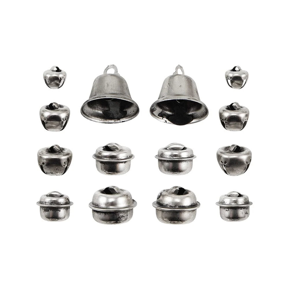 Holiday Bells, Christmas ... Idea-Ology Adornments by Tim Holtz. Beautifully made silver coloured miniature bells and baubles to use as embellishments for Christmas and other celebrations on display makes, dioramas, mixed media, paper crafts, mixed media and visual arts. 14 (fourteen) bells and baubles, all with jingles to ring music everywhere they go! TH94507. Photo of the bells.