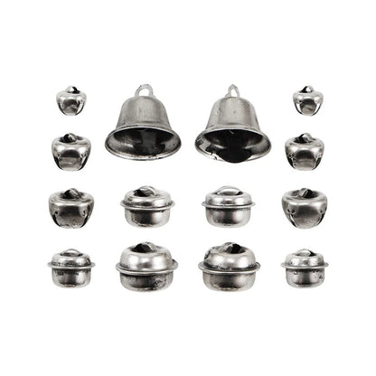 Holiday Bells, Christmas ... Idea-Ology Adornments by Tim Holtz. Beautifully made silver coloured miniature bells and baubles to use as embellishments for Christmas and other celebrations on display makes, dioramas, mixed media, paper crafts, mixed media and visual arts. 14 (fourteen) bells and baubles, all with jingles to ring music everywhere they go! TH94507. Photo of the bells.