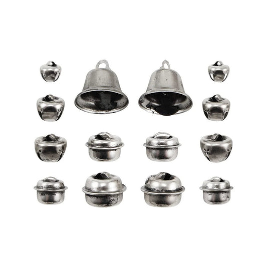 Holiday Bells, Christmas ... Idea-Ology Adornments by Tim Holtz. Beautifully made silver coloured miniature bells and baubles to use as embellishments for Christmas and other celebrations on display makes, dioramas, mixed media, paper crafts, mixed media and visual arts. 14 (fourteen) bells and baubles, all with jingles to ring music everywhere they go! TH94507. Photo of the bells.