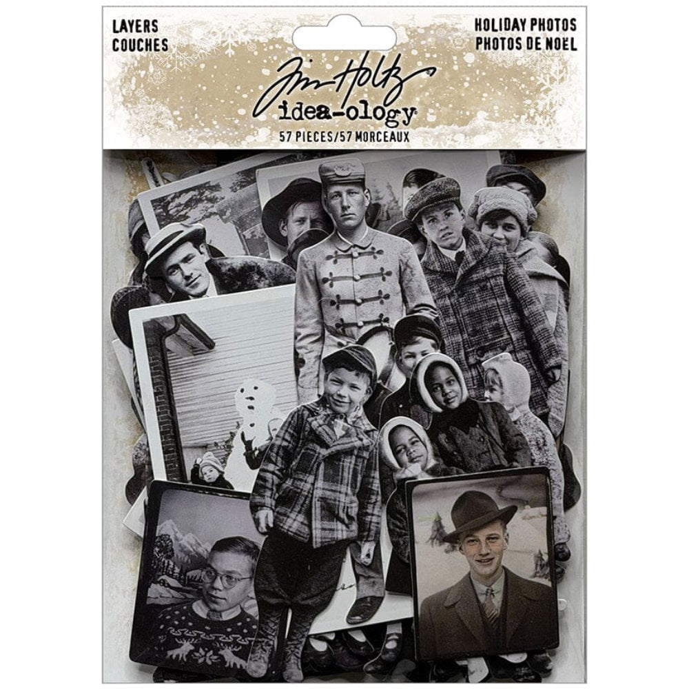 Holiday Photos, Die Cut Christmas Layers ... by Tim Holtz Idea-Ology - A wonderful selection of vintage photographs with people and their adventures, printed on medium weight paper with a satin finish. An assortment of rectangle framed photos and photos of people die cut with precision around each piece. Perfect for party decor, papercrafts, mixed media, cardmaking, assemblage projects, scrapbooking, journaling and visual arts. 57 pieces, assorted sizes and designs. TH94494