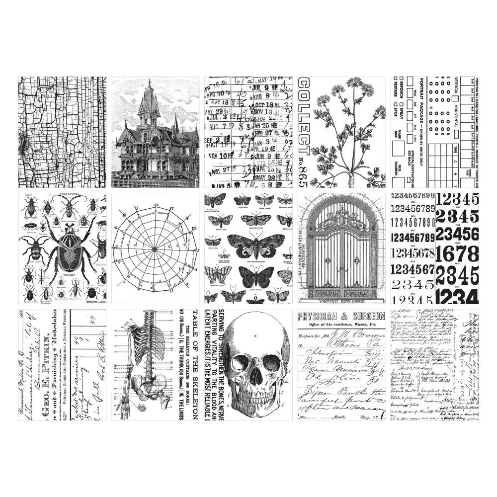 Halloween - Collage Paper ... by Tim Holtz Idea-Ology - Fine tissue paper printed with black and white designs, perfect for layering with collage, cardmaking, scrapbooking, journaling, mixed media and other papercrafts and visual arts. 30 (thirty) sheets, 15 (fifteen) designs, each 4 5/8" x 6". TH94393.