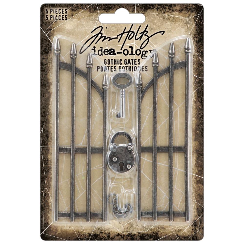 Gothic Gates - by Tim Holtz Idea-Ology - One pair of metal gates inspired by wrought iron fencing. Each gate, left and right, has a simple design with pointy posts plus a key, lock and short length of chain. Use for assemblage projects, off-the-page marvels and party decor. Pack of 5 (five) pieces. TH94343