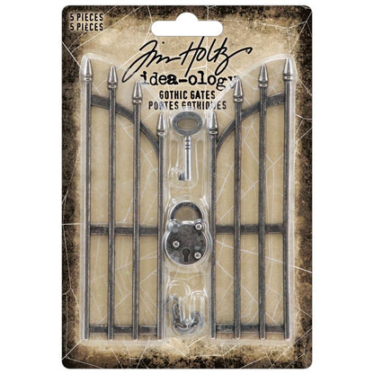 Gothic Gates - by Tim Holtz Idea-Ology - One pair of metal gates inspired by wrought iron fencing. Each gate, left and right, has a simple design with pointy posts plus a key, lock and short length of chain. Use for assemblage projects, off-the-page marvels and party decor. Pack of 5 (five) pieces. TH94343