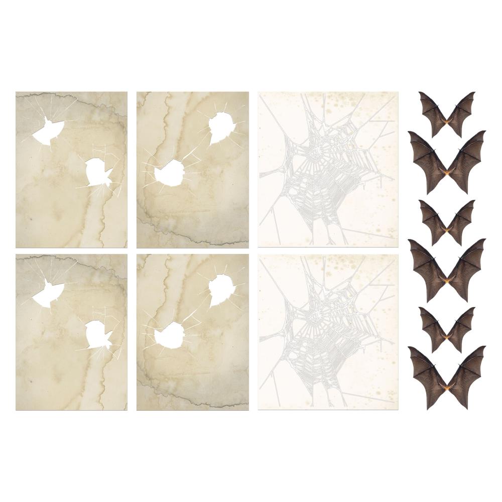 Transparencies - Tinted Shattered Glass, Spider Web, Bat wings  ... Idea-Ology Layers by Tim Holtz ... pieces of see through acetate printed with Halloween designs to use as embellishments for decorations, mixed media, card making, papercraft, scrapbooking and visual arts. 12 (twelve) pieces featuring bat wings in 2 sizes (6 wings) and rectangle pieces with tinted shattered windows and white webs. TH94404.