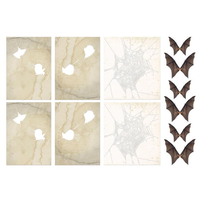 Transparencies - Tinted Shattered Glass, Spider Web, Bat wings  ... Idea-Ology Layers by Tim Holtz ... pieces of see through acetate printed with Halloween designs to use as embellishments for decorations, mixed media, card making, papercraft, scrapbooking and visual arts. 12 (twelve) pieces featuring bat wings in 2 sizes (6 wings) and rectangle pieces with tinted shattered windows and white webs. TH94404.