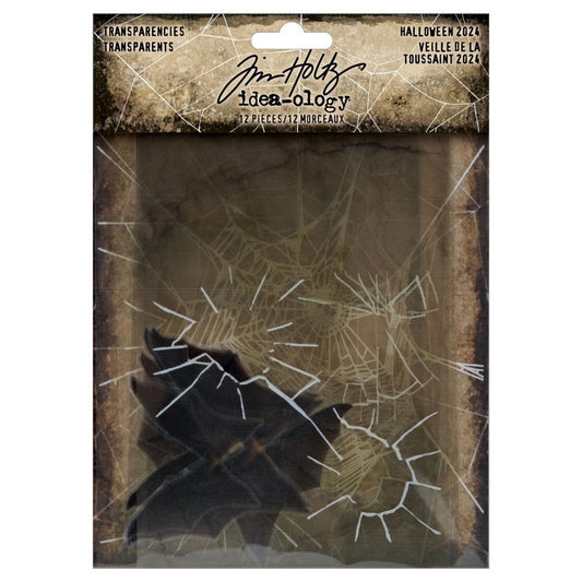 Transparencies - Tinted Shattered Glass, Spider Web, Batwings&nbsp; ... Idea-Ology Layers by Tim Holtz ... pieces of clear acetate printed with Halloween designs to use as embellishments for decorations, mixed media, cardmaking, papercraft, scrapbooking and visual arts. 12 (twelve) pieces featuring bat wings in 2 sizes (6 wings) and rectangle pieces with tinted shattered windows and white webs. TH94404.