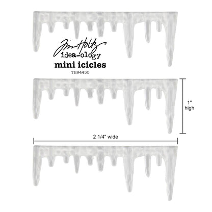 Mini Icicles - by Tim Holtz Idea-Ology ... sculpted translucent trim made of clear plastic in the shape of drippy looking edges. Add to your cards, artwork, display box, frame or other project. 3 (three) pieces each 2 3/4" wide x 1" high. Make these 3 miniature icicle ledges into whatever you wish - icicles, stalactites, drippy paint, drippy candle wax, use up or down (hanging or growing), mud drippy ledges, mossy edging... anything you wish! TH94450. Sizes of each piece.