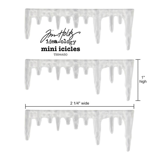 Mini Icicles - by Tim Holtz Idea-Ology ... sculpted translucent trim made of clear plastic in the shape of drippy looking edges. Add to your cards, artwork, display box, frame or other project. 3 (three) pieces each 2 3/4" wide x 1" high. Make these 3 miniature icicle ledges into whatever you wish - icicles, stalactites, drippy paint, drippy candle wax, use up or down (hanging or growing), mud drippy ledges, mossy edging... anything you wish! TH94450. Sizes of each piece.