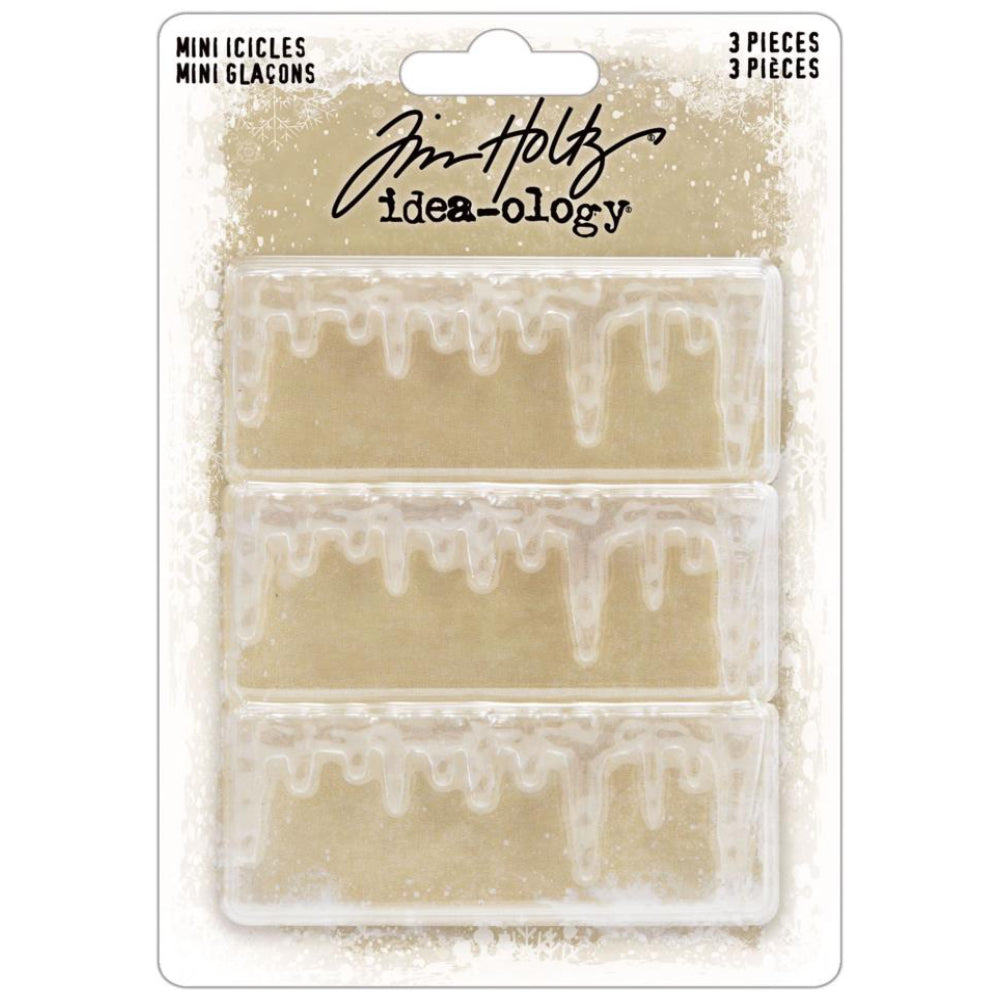 Mini Icicles - by Tim Holtz Idea-Ology ... sculpted translucent trim made of clear plastic in the shape of drippy looking edges. Add to your cards, artwork, display box, frame or other project. 3 (three) pieces each 2 3/4" wide x 1" high. Make these 3 miniature icicle ledges into whatever you wish - icicles, stalactites, drippy paint, drippy candle wax, use up or down (hanging or growing), mud drippy ledges, mossy edging... anything you wish! TH94450. Packaging.