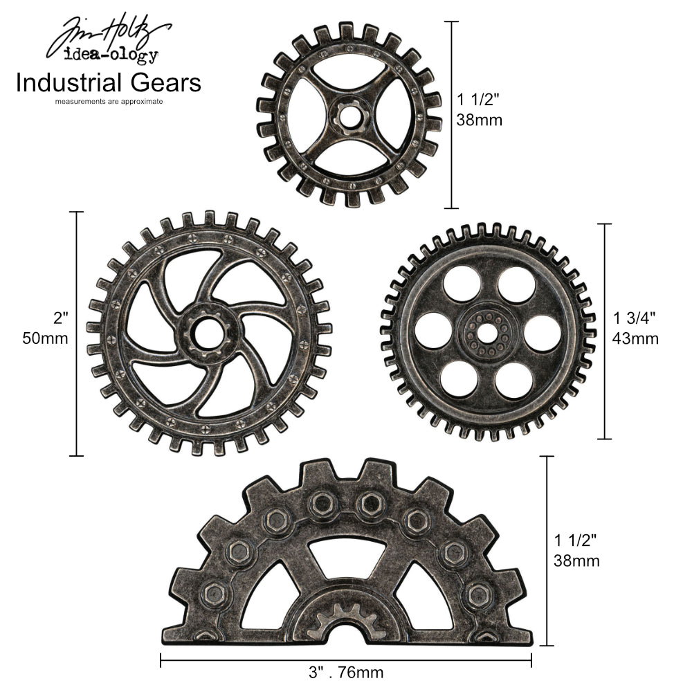 Industrial Gears ... Idea-Ology Adornments by Tim Holtz. Dimensional pewter coloured metal cogs for use for mixed media, decorating books or displays, dioramas, off-the-page crafts, steampunk projects and creative visual arts. Pack of 4 (four) gears, one of each kind. Made by Advantus Corp for Tim Holtz. TH94142 . Sizes vary from 1 1/2" to 3" wide.