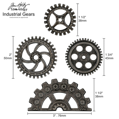Industrial Gears ... Idea-Ology Adornments by Tim Holtz. Dimensional pewter coloured metal cogs for use for mixed media, decorating books or displays, dioramas, off-the-page crafts, steampunk projects and creative visual arts. Pack of 4 (four) gears, one of each kind. Made by Advantus Corp for Tim Holtz. TH94142 . Sizes vary from 1 1/2" to 3" wide.